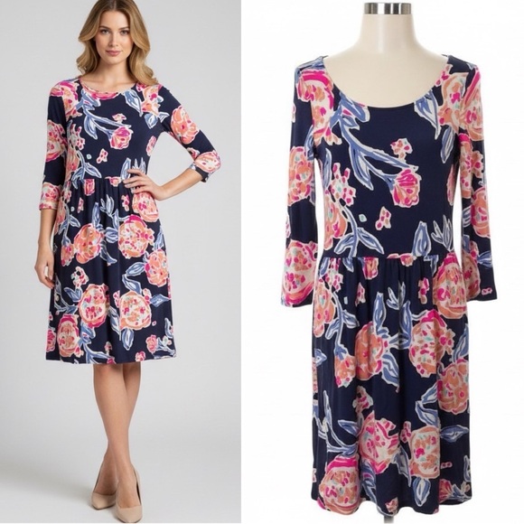 Lilly Pulitzer Dresses & Skirts - 532 Lilly Pulitzer | EUC Peru 100% cotton Navy Floral 3/4 Sleeve Dress (size M)